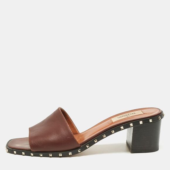 Valentino Brown Leather Rockstud Open Toe Slide Sandals Size 38